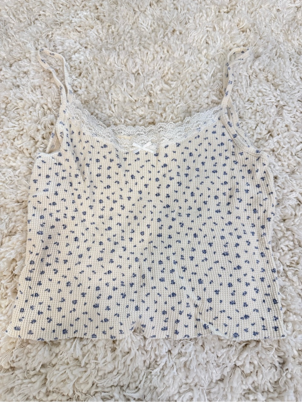 Brandy Melville Cream Cami with Blue Floral Dots and Lace Trim